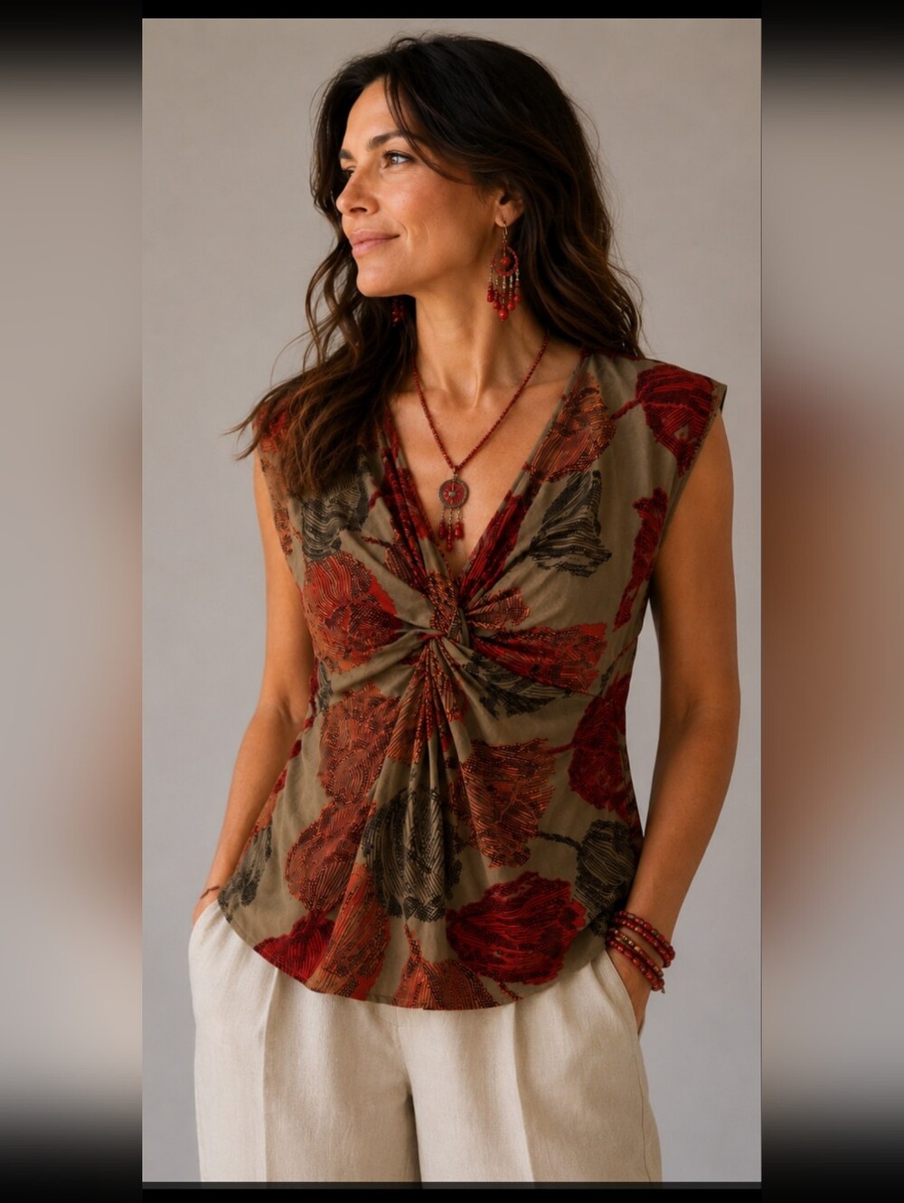 Savannah Olive Tank Top with Red Floral Twist Front